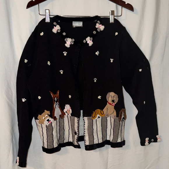 Vintage BEREK Dog Cardigan Sweater Womens M Black Beaded Puppies Poodle Boxer - Picture 3 of 11